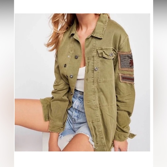 Free People Oversized Embellished Military Jacket Patch XS Boho - Picture 3 of 13